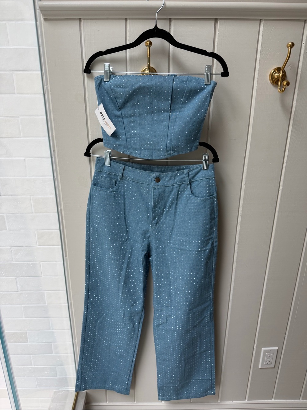 Rhinestone Denim on Denim Crop Top and High Waist Pant Set